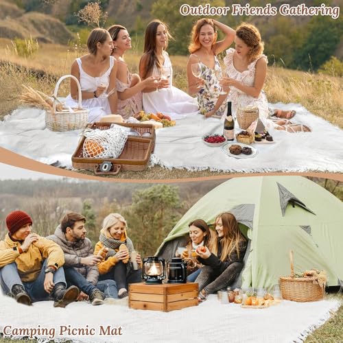 165 x 91 Extra Large White Outdoor Picnic Blanket, Woven Cotton Yarn Oversize Portable Blanket with Fringe for Camping, Lawn or Wedding Photoshoot. Indoor Bohemia Decorations, Machine Washable - size: 7'7" x 13'9"