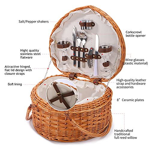 Picnic Basket for 2 Picniking Heart Shaped Empty Woven Wicker Willow Wood Hamper Backpack Box with Lid Cover Handle for Gifts Accessories Vintage Wine Baskets for Women Bin