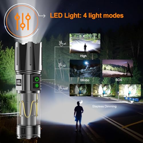 Super Bright Flashlight High Lumens 100000 Rechargeable, Powerful 50W LED, Long Lasting 30H, Daul Bottons 10Modes with Side Light, Quick USB C Charge & Output, Multi-functional for Home Camping Hiking