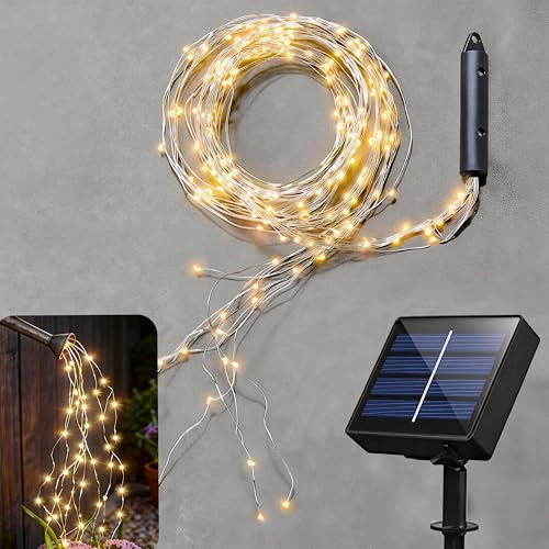 Solar Fairy String Lights Outside, Multi Strand 180 LEDs Watering Can Light for Outdoor, Waterproof Solar Powered Waterfall Lights, Firefly Bunch Lights for Garden Decor, Warm White - color: Warm White
