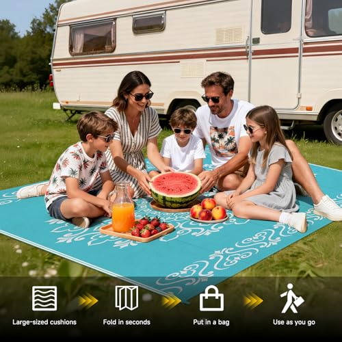 Pauwer Waterproof Outdoor Rug 5x8, Reversible Plastic Straw Patio Camping Rug, Indoor Outdoor RV Mat Carpet for Deck, Camper, Porch, Balcony, Backyard, Picnic, Floral Teal - color: Floral Teal, size: 5' x 8' (Rectangular)