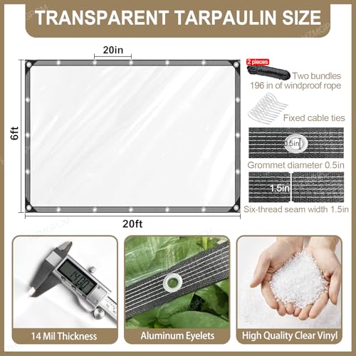 Premium Clear Vinyl Tarp 6x20 ft Tearproof Heavy Duty Clear Tarp with Rustproof Grommets Windproof Design(14 Mil) Reinforced Edges for Patio Outdoor Porch Greenhouse Chicken Coop Garden - size: clear tarp 6x20ft