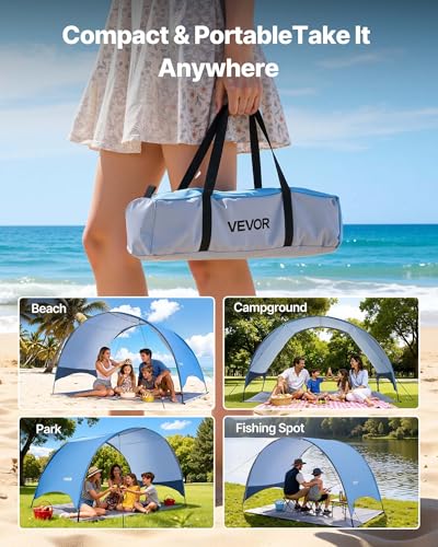 VEVOR Beach Tent Sun Shelter for 4 Person, UPF 50+, Portable Sun Shade Beach with Carrying Bag & Ground Stakes, Lightweight and Easy Setup Beach Umbrella for Camping Fishing Outdoor Picnic - size: 4 Person