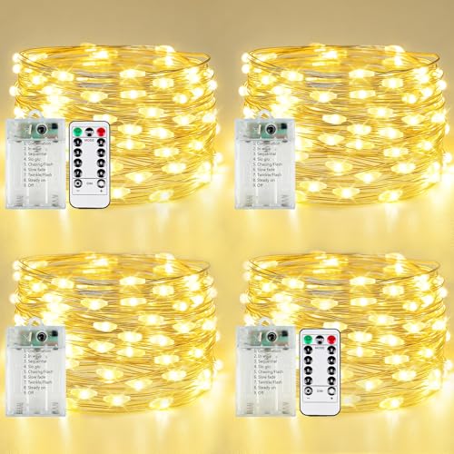 4 Pack Fairy Lights Battery Operated with Remote Control Timer, LED String Lights Outdoor Indoor Decorations, 8 Modes Twinkle Lights for Christmas Party Wedding Birthday Bedroom Décor (Warm White) - color: Warm White, size: 4 Pack 80led