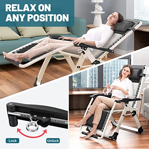 ABORON Padded Zero Gravity Chair,Premium Outdoor Lawn Folding Lounge Chairs,Sturdy Adjustable Reclining Patio Chairs with Headrest & Tray - color: Ivory White