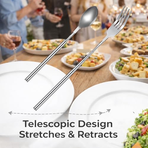 2 Pcs Extendable Fork Spoon Set 8.7 to 25.5in Stainless Steel Telescoping Long Dinner Tableware for Thanksgiving Gifts Barbecue Toasting Fruit Dessert (Silver) - color: Silver