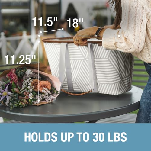 CleverMade Collapsible LUXE Tote, 30L Foldable Grocery Shopping Bag, Reusable - color: Geometric Taupe