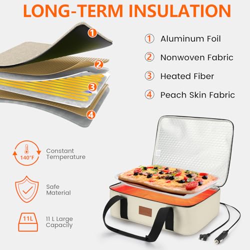 Food Warmer Electric Casserole Carrier - Large Heated Lunch Bag for Car Truck, 12V/24V/110V, Thermos for hot food for Potluck Cookouts Parties Picnic,Lasagna Lugger,Fits 9"x13" Baking Pan (Beige) - size: Beige