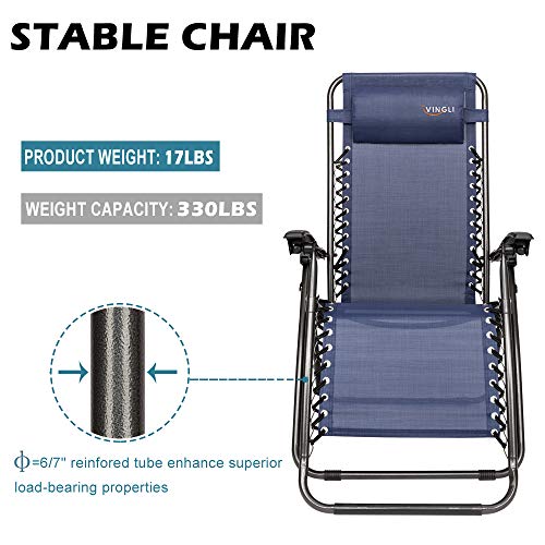 VINGLI Upgraded Zero Gravity Chair Set of 2 Lounge Outdoor Chairs with Trays and Pillows, Folding Patio Recliner Chairs for Backyard Poolside Garden - color: Blue