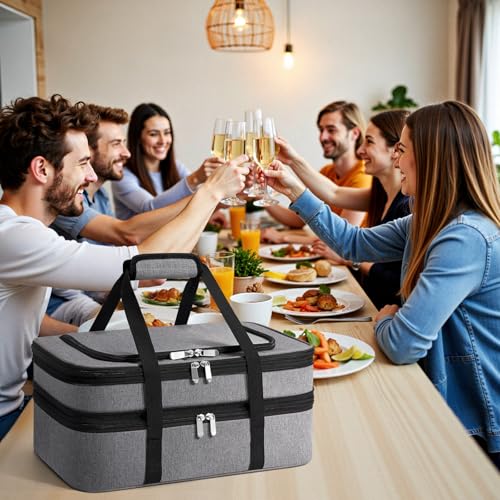 Double Insulated Casserole Carrier - Portable Casserole Carriers for Hot or Cold Food Lunch Tote Warmer or Cooler Bag for Potluck Parties Picnic Cookouts, Fits 9" x 13" Baking Dish - Grey - color: Gray
