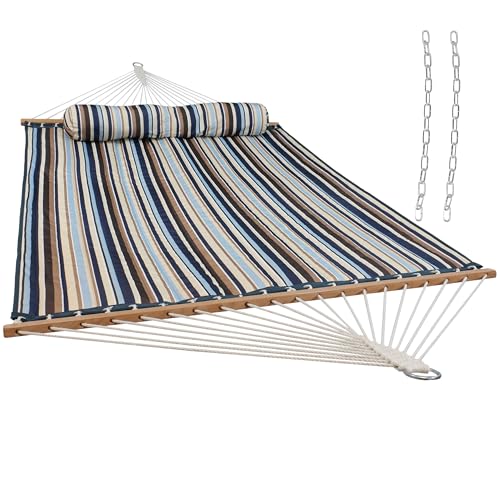 Sunnydaze Quilted Double Hammock for Outside with Spreader Bars and Pillow - 450 lb Capacity, 74x55 Inch Bed, UV Resistant, Quick Dry - Chains Included, Stand Sold Separately - Ocean Isle - color: Ocean Isle