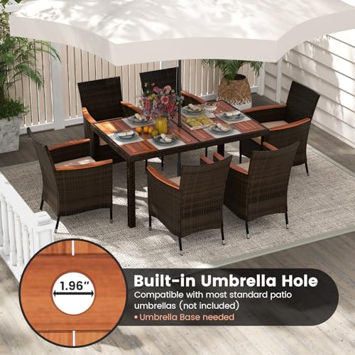 HAPPYGRILL 7 Pieces Rattan Wicker Patio Dining Set, Outdoor Dining Set with Cushions, Large Dining Table with Acacia Wood Top, Outside Dining Furniture Set with Umbrella Hole - color: Mix Brown & Beige