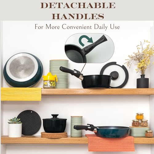 Moss & Stone Aluminum Pots And Pans Set Nonstick, Removable Handle Cookware, Stackable , Dishwasher Safe, Induction Camping Cookware Set. (10 Pieces Blue) - size: 10 Pcs Blue