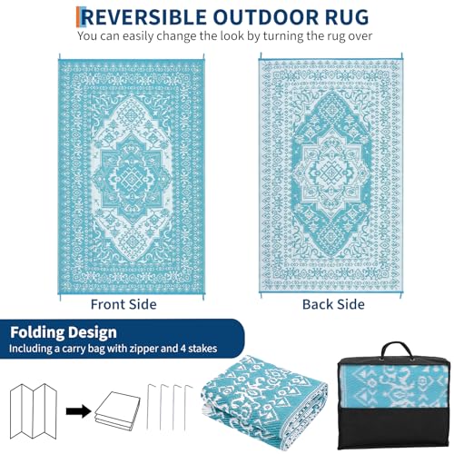 GarveeLife Outdoor Plastic Straw Rug 8x10 Outdoor Rug Waterproof Reversible Large Vintage Medallion Patio Rugs Portable Area Rug for Deck, Balcony, Camping, Beach RV Porch, Picnic - color: Medallion|light Blue, size: 8' x 10' (Rectangular)