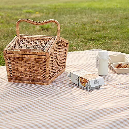 Cute Gingham Picnic Blanket, Waterproof Foldable, in Large 80x60in and Extra Large 80x80in, Portable Compact Beach Blanket, Oversized XL Outdoor Mat (Tan, X-Large) - color: Tan, size: X-Large