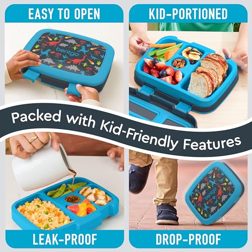 Bentgo Kids Prints Leak-Proof, 5-Compartment Bento-Style Kids Lunch Box - Ideal Portion Sizes for Ages 3-7, Durable, Drop-Proof, Dishwasher Safe, & PFAS & BPA-Free Materials (Dinosaur) - color: Dinosaur