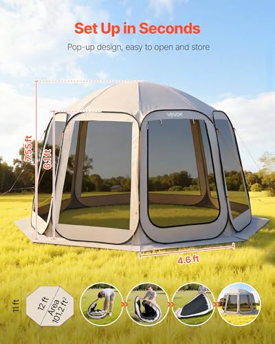 VEVOR Pop up Screen House Tent, 12 x 11 ft, 10-12 Person Screen Gazebo, Portable Screened in Canopy with Carry Bag, Netting Sides, Ground Stakes, for Garden, Patio, Backyard, Outdoor Activities, Beige - color: Beige, size: 12x11x7.55 FT