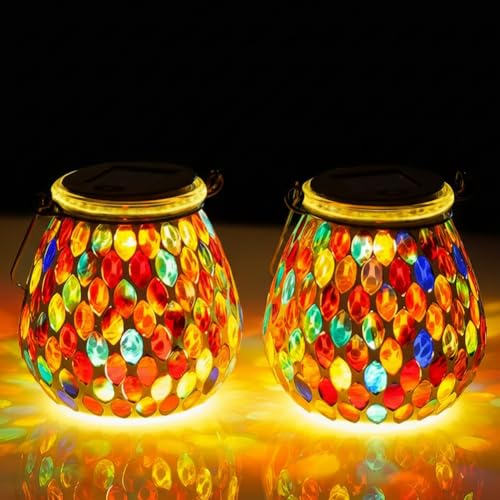 Starsoul 2 Pack Solar Lanterns Outdoor Waterproof, Exquisite Colorful Mosaic Glass Solar Garden Decor, Gifts for Women Mom Grandma - color: Red-2PC
