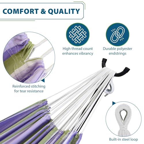 Vivere Double Cotton Hammock with Space Saving Steel Stand, Upgraded Polyester End Strings 450 lb Capacity - Premium Carry Bag Included - USA Grown Cotton (Tranquility) - color: Tranquility