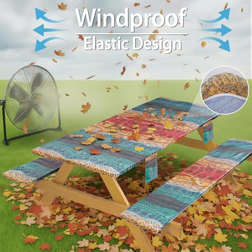 Fitted Waterproof Picnic Table Cover with Bench Covers Heavy Duty Elastic Outdoor Camping Tablecloth for 8 Foot Rectangle Tables Summer Rv Accessories Patio Garden Road Trip Essentials Gifts - color: Multi-colored Ethnic Wave Pattern, size: 96" x 30" (Rec