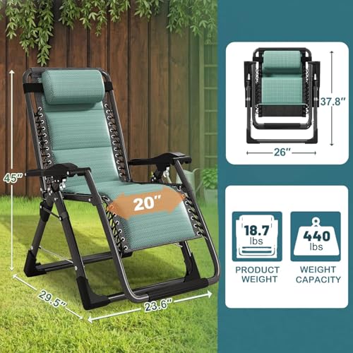 NAIZEA Padded Zero Gravity Chair, Cooling Fabric Folding Outdoor Lounge Chairs, Adjustable Reclining Camping Chairs with Cup Holder, Ergonomic Patio Lawn Chair for Balcony Beach Deck Yard - color: Ice Silk Green, style: Zero Gravity Chair 2 Pack