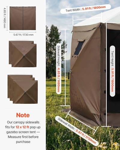 VEVOR 12x12ft Pop Up Gazebo Sidewalls with 2 Window, 3 Solid Waterproof Panels, UV Protection, Wind & Sun Privacy Walls with 1 Zippered Door for Outdoor Events, Compatible with COBIZI Screen Shelters - color: Brown, size: 5 Gazebo Sidewalls + Door Curtain
