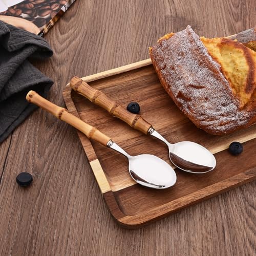8-Piece Bamboo Handle Dinner Spoon Set, Stainless Steel Spoons for Kitchen Home and Restaurant, Mirror Polished, 8.03 inch - color: 8-Piece Dinner Spoon