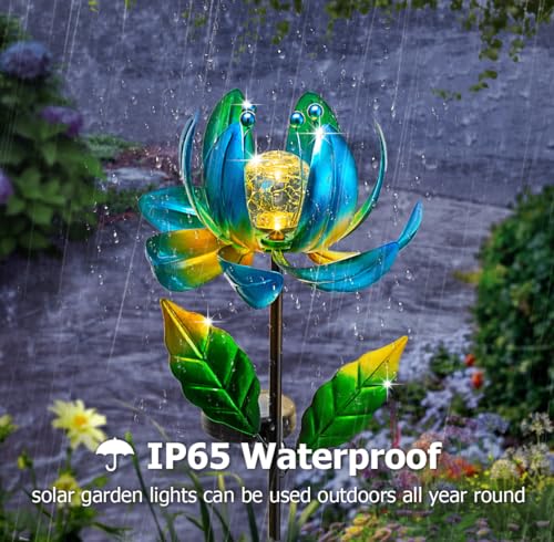 Solar Yard Lights Wind Spinners- Metal Lotus Flower Garden Decor LED Crackle Glass Globe Yard Art Sculpture Solar Stake Lights for Patio Pathway Lawn Walkway - color: Blue