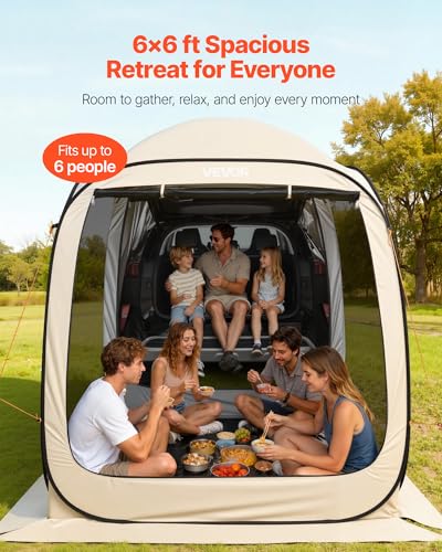 VEVOR SUV Tailgate Tent, 6 x 6 ft Pop-Up Screen House Canopy for 4–6 Person, Portable Screened Shelter with Carry Bag, for Car Camping, Backyard, Patio, Outdoor Activities - color: Beige 3, size: 6×6×7.2 Ft