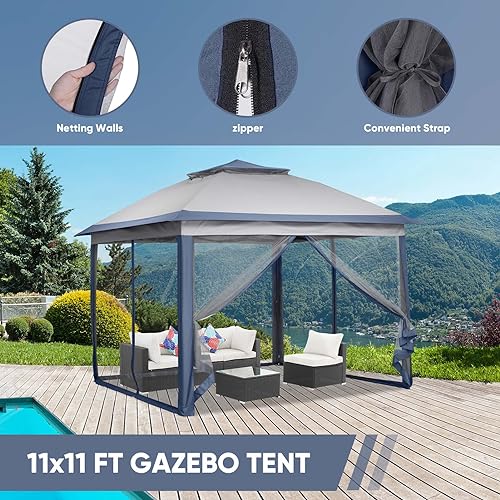 11x11 FT Gazebo Tent, Outdoor Tents for Parties with Mosquito Netting, Folding Heavy Duty Height Adjustable Canopy Tent for Patio Backyard Garden (Blue) - color: Blue
