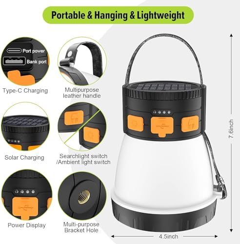 2 Pack LED Camping Lantern, 1500 Lumens Camping Lantern Rechargeable with Solar Panel Charging, Waterproof, 8 Light Modes, 7500mAh Power Bank, Camping Flashlight for Hurricane Emergency, Outdoor - size: Orange&Black 2Packs