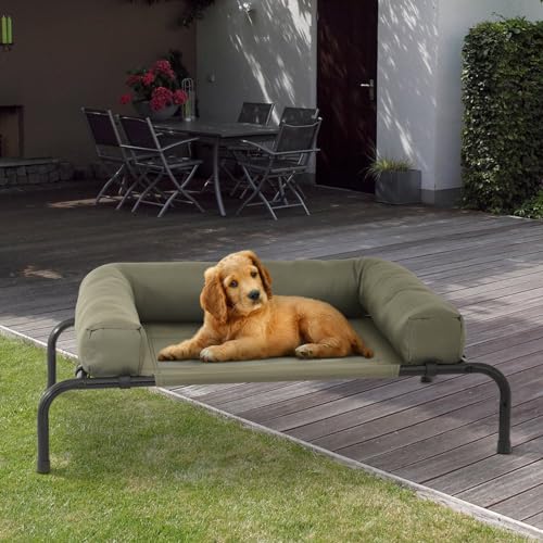 MoNiBloom Outdoor Elevated Dog Bed w/Removable Bolster, Portable Raised Outdoor Dog Bed with Stable Anti-Slip Feet & Breathable Mesh, 35.5 Inches Length, Dark Green - color: Dark Green, size: 35.5"L