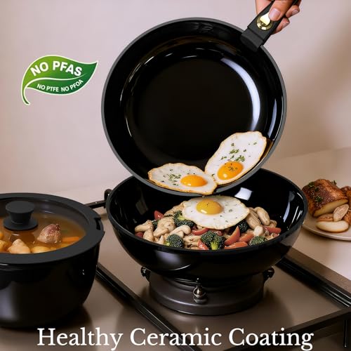 Pots and Pans Set Non Stick, Ceramic Cookware Set Detachable Handle, RV Camping Kitchen Cooking Set Removable Handles, Dishwasher/Oven/Fridge Safe, Induction, Space Saving，Black Gold - color: Black/Gold