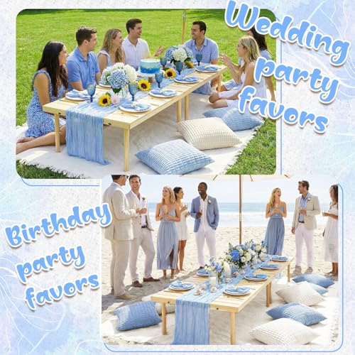 Beeveer 91 x 71 Extra Large Outdoor Boho Picnic Blanket with Table Runner Light Blue, 6 Throw Pillow Covers 6 Napkins Woven Cotton Yarn Oversize Beach Blanket Washable Picnic Camp Wedding - color: Light Blue