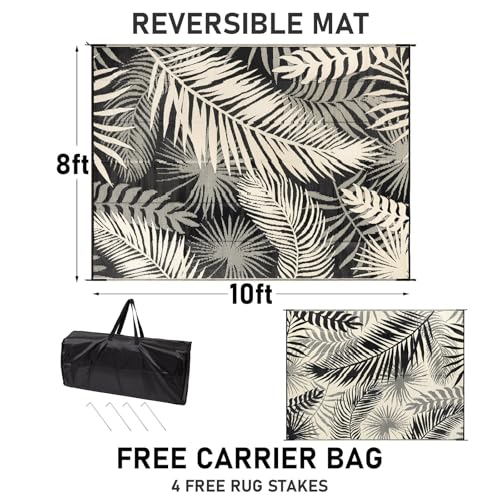 Outdoor Rug Waterproof for Patios Clearance, Reversible Outdoor Plastic Straw Rug Camping Carpet, Outside Floor Mats Large Area Rugs for RV,Patio,Deck,Porch,Beach, Balcony，8'x10',Black&Beige - color: Black&beige, size: 8' x 10' (Rectangular)