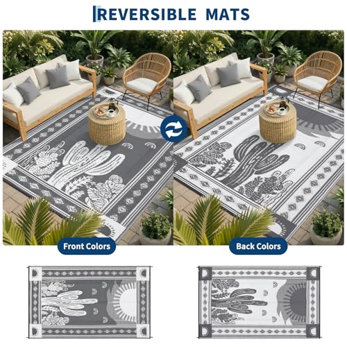 Garvee Waterproof Outdoor Rug 5x8, Cactus Botanical Outdoor Plastic Straw Rug for Camping, Reversible RV Mat Outside, Indoor Outdoor Carpet for Porch, Deck, Backyard, Balcony, Picnic, Grey - color: Grey & White-cactus, size: 5' x 8' (Rectangular)