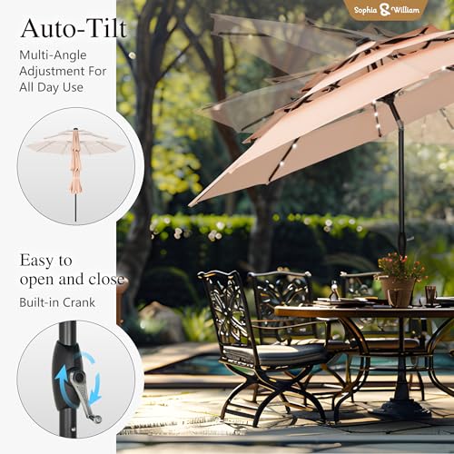 Sophia & William 10ft Patio Umbrellas 3-Tier Umbrella Outdoor Patio Umbrellas with Lights Vented Top 24 LED lights Adjustable Tilt for Pool Garden Backyard, Beige - color: Beige
