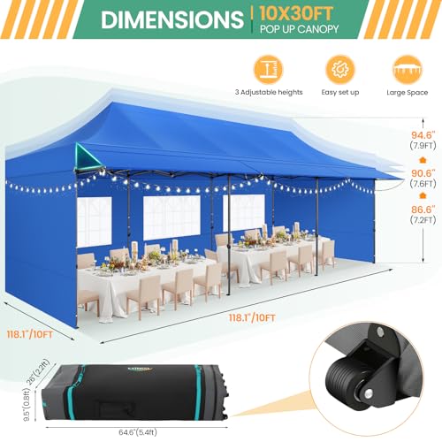 COBIZI 10x30 Pop Up Canopy Tent with Awning & Sidewalls, Heavy Duty Commercial 10X30 Canopy Tents Instant Waterproof, UPF 50+ Sun Shade for Outdoor, Parties, Markets (Blue) - color: Blue, size: 10x30FT with 5 Sidewalls & 3 Awning Cloth