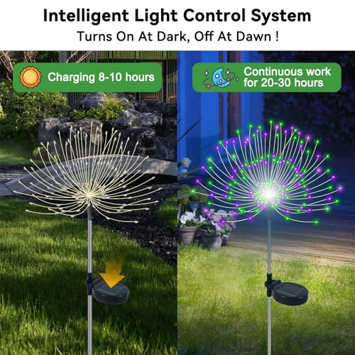 Slyuexu Solar Garden Lights Outdoor Waterproof, 2 Pack 120 LED Solar Firework Lights Decorative Garden Décor Outside for Flowerbed Pathway Party Halloween Christmas Decorations, Green + Purple - color: Green + Purple, size: 2 Pack