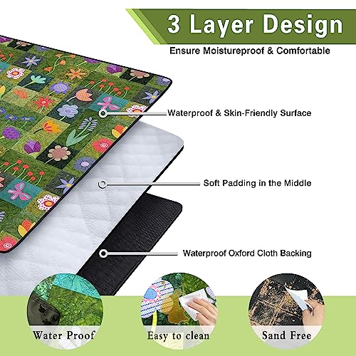 Supfitness Extra Large Picnic Blankets Waterproof Foldable (60 "x 80") Beach Blanket Waterproof Sandproof,3-Layer Thicking Mat Outdoor Packable Camping Blanket - color: Flower-1, size: 5' x 6'8" (Rectangular)
