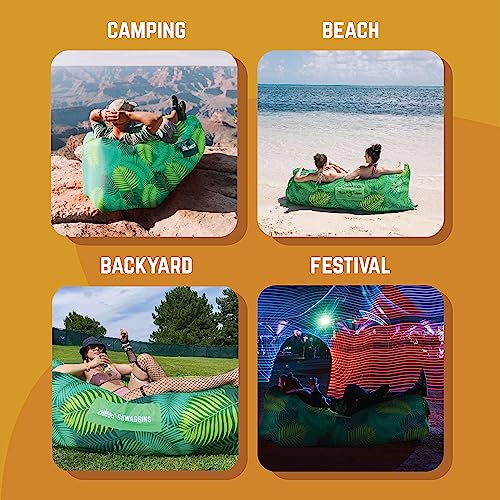 Chillbo Inflatable Couch – Unique Designs - No-Pump Setup, Ripstop Polyester, Stability Pegs, Fun Prints - Portable Air Inflatable Lounger for Beach, Camping, Festivals, and Tailgating - color: Green Leaf, size: Large