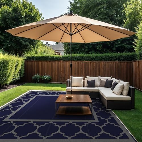 GENIMO 10 'x10 ' Outdoor Rug for Patio Clearance, Waterproof Indoor Outdoor Plastic Straw Rugs Carpet, Reversible Outside Area Rv Mat for Camping, Balcony Porch, Deck, Picnic, Beach (Blue & Grey) - color: Blue & Grey, size: 10' x 10' (Square)