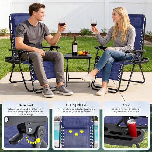 Zero Gravity Chair Set of 4 Oversized Folding Recliner, Padded Anti Gravity Lounge Chair with Adjustable Pillow & Cup Holder for Outdoor Camping, Patio, Poolside, Lawn (Blue) - color: Blue, size: 4 PCS