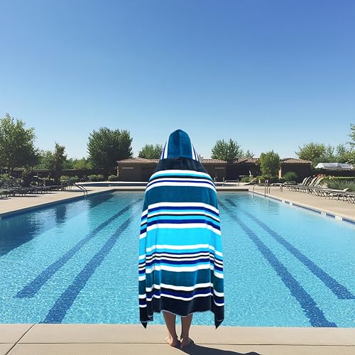 COTTON CRAFT Hooded Beach Towel – Oversized 39 x 68 Towel with Hood for Adults - 100% Ringspun Cotton Velour Terry Towel Stripe Bath Wrap - Super Soft Plush Absorbent Quick Dry – 450 GSM – Cancun Blue - color: Cancun Blue Multi, size: 1 Pack - 39x68 Hoode