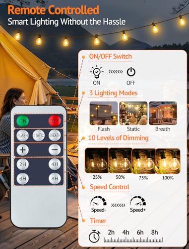 Larkvue 25FT Solar String Lights Outdoor with Remote, Waterproof Dimmable 3 Modes Patio Lights with 10+1 LED Shatterproof G40 Bulbs for Backyard-Black - color: Black