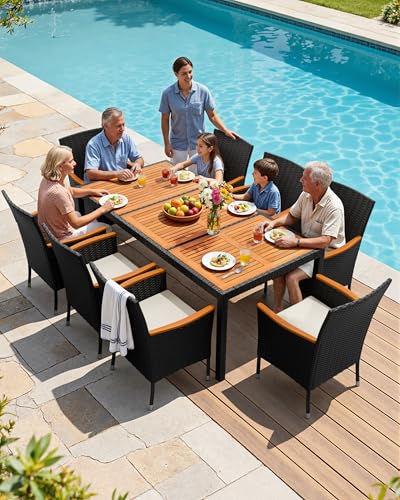 Flamaker 9 Piece Patio Dining Set Outdoor Acacia Wood Table and Chairs with Soft Cushions Wicker Patio Furniture for Deck, Backyard, Garden - color: Black, size: 9 Piece