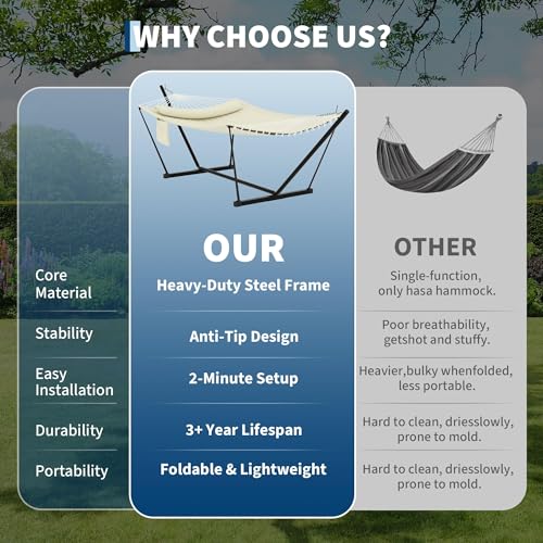 2 Person Double Hammock with Stand & Pillow, 450 LBS Heavy Duty Outdoor Hammock with Balance Rope for Patio Backyard Poolside