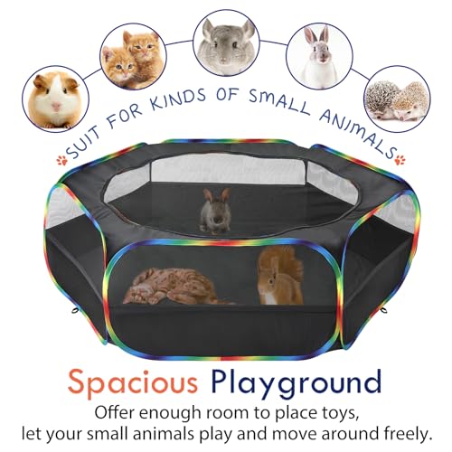 Pawaboo Small Animals Playpen, Waterproof Small Pet Cage Tent with Zippered Cover, Portable Outdoor Yard Fence with 3 Metal Rod for Chick/Kitten/Puppy/Guinea Pig/Rabbits/Hamster, Black + Rainbow - color: N-Black + Rainbow