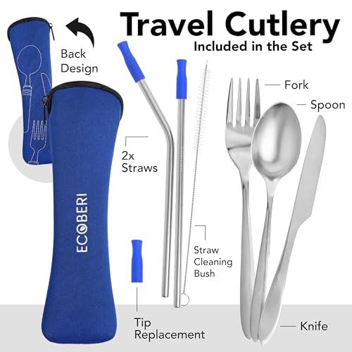 Travel Utensils Set with Case 4 Pack, Reusable Stainless Steel Portable Cutlery (Fork, Spoon, Knife, Straws & Cleaner) for Work, Dorm, Camping, Lunch Box, Compact Durable Silverware by Ecoberi - color: Blue-Red