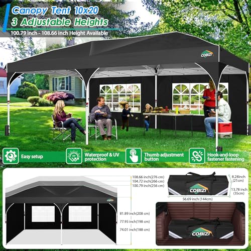 COBIZI 10x20 Pop up Canopy Tent with 4 Sidewalls Outdoor Canopy Tent for Party with Push Center Lock & Air Vent, 2000mm+Waterproof Gazebo Canopy UPF 50+with 4 Sandbags,12 Stakes & 6 Ropes,Black - color: Black, size: 10x20ft With 4 Sidewalls